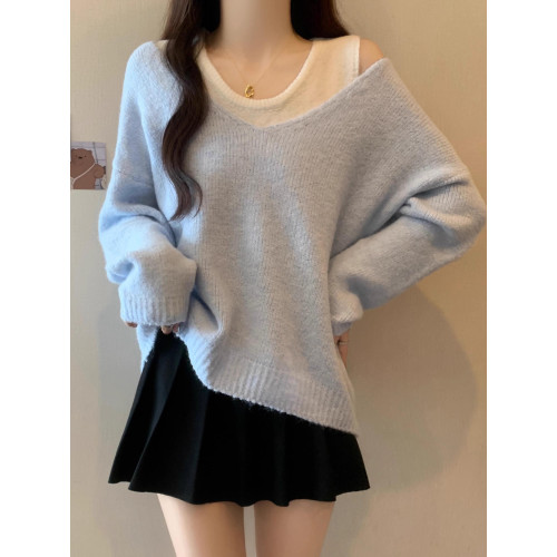 春秋新款慵懶風奶藍色v領慵懶風毛衣女寬松內搭背心休閒兩件套裝