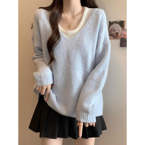 春秋新款慵懶風奶藍色v領慵懶風毛衣女寬松內搭背心休閒兩件套裝