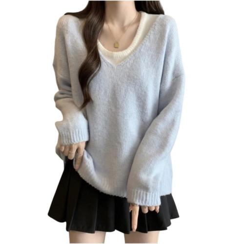 春秋新款慵懶風奶藍色v領慵懶風毛衣女寬松內搭背心休閒兩件套裝