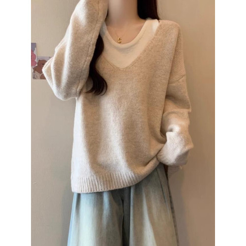 春秋新款慵懶風奶藍色v領慵懶風毛衣女寬松內搭背心休閒兩件套裝