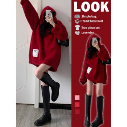 2024秋冬新款女裝中長款針織連帽衛衣外套寬松慵懶風軟糯毛衣上衣