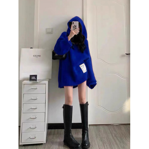 2024秋冬新款女裝中長款針織連帽衛衣外套寬松慵懶風軟糯毛衣上衣