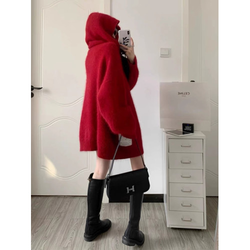 2024秋冬新款女裝中長款針織連帽衛衣外套寬松慵懶風軟糯毛衣上衣