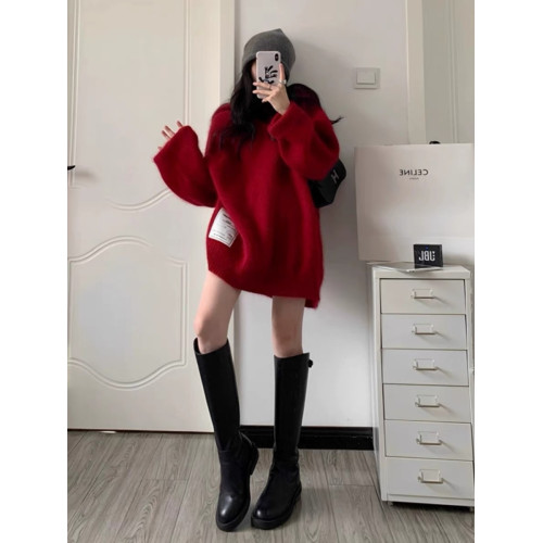 2024秋冬新款女裝中長款針織連帽衛衣外套寬松慵懶風軟糯毛衣上衣