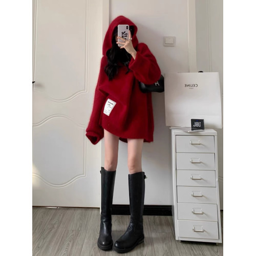 2024秋冬新款女裝中長款針織連帽衛衣外套寬松慵懶風軟糯毛衣上衣