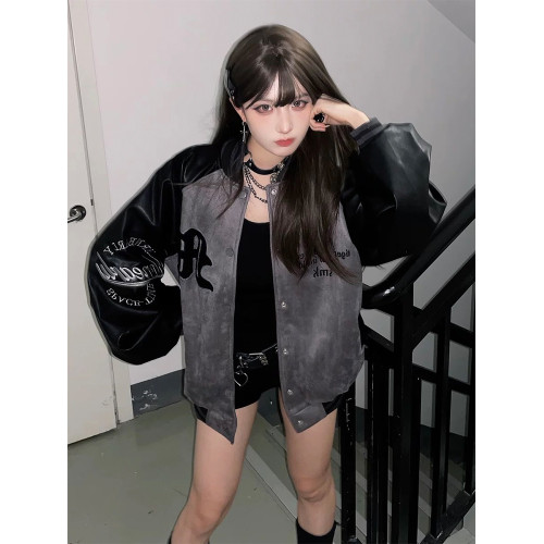 美式復古高街字母刺綉棒球服女秋季潮牌仿鹿皮絨寬松撞色夾克外套 美式復古高街字母刺綉棒球服女秋季潮牌仿鹿皮絨寬松撞色夾克外套