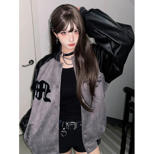 美式復古高街字母刺綉棒球服女秋季潮牌仿鹿皮絨寬松撞色夾克外套 美式復古高街字母刺綉棒球服女秋季潮牌仿鹿皮絨寬松撞色夾克外套