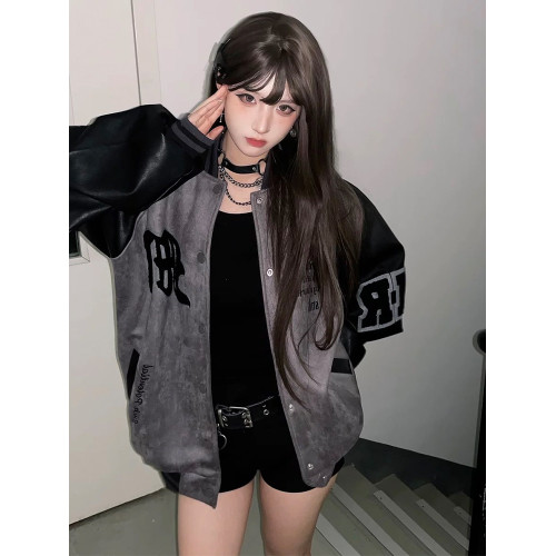 美式復古高街字母刺綉棒球服女秋季潮牌仿鹿皮絨寬松撞色夾克外套 美式復古高街字母刺綉棒球服女秋季潮牌仿鹿皮絨寬松撞色夾克外套