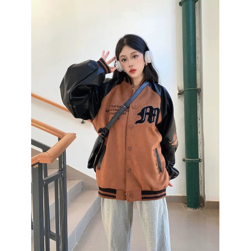 美式復古高街字母刺綉棒球服女秋季潮牌仿鹿皮絨寬松撞色夾克外套 美式復古高街字母刺綉棒球服女秋季潮牌仿鹿皮絨寬松撞色夾克外套