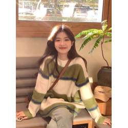 綠色條紋多巴胺撞色毛衣女水貂絨軟糯上衣冬季寬松針織衫套頭聖誕