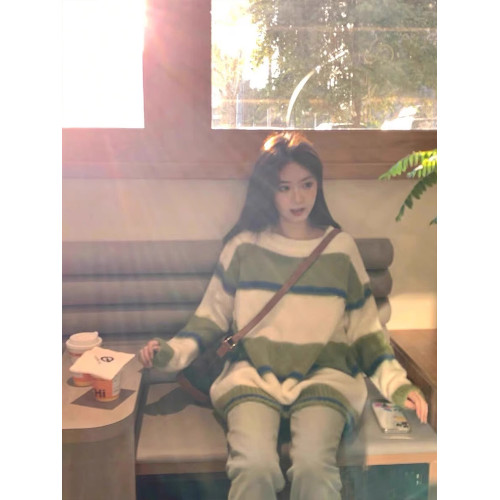 綠色條紋多巴胺撞色毛衣女水貂絨軟糯上衣冬季寬松針織衫套頭聖誕