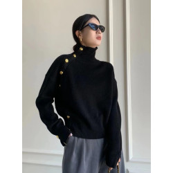 洋氣時髦高級感斜釦高領毛衣女秋冬歐貨時尚內搭打底堆堆領針織衫