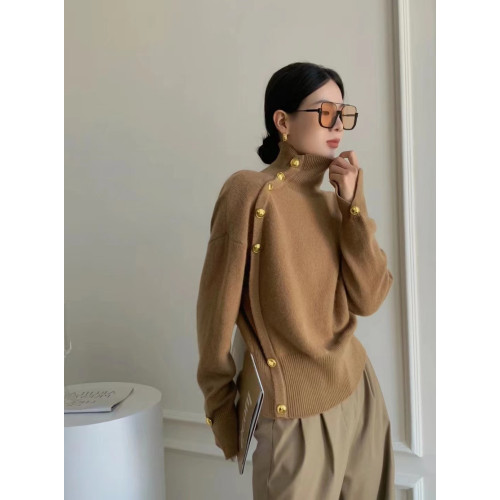 洋氣時髦高級感斜釦高領毛衣女秋冬歐貨時尚內搭打底堆堆領針織衫