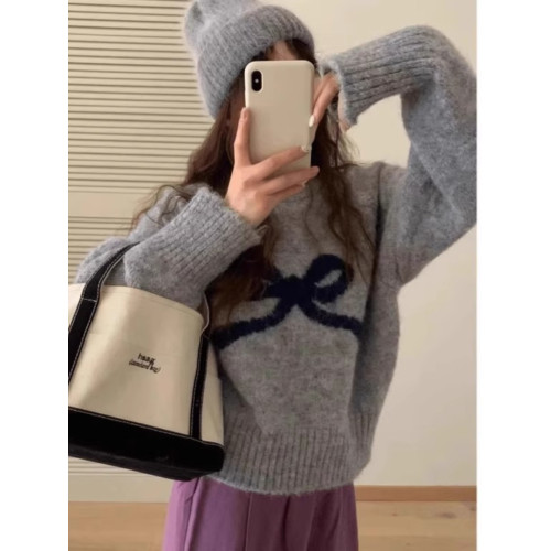 韓系甜美減齡蝴蝶結圓領長袖毛衣女秋冬日系軟糯內搭針織上衣新款