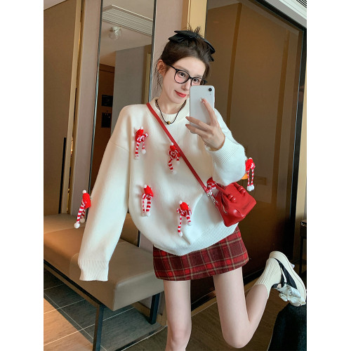 白色套頭毛衣女2025新款秋冬季慵嬾高級感加厚打底立體聖誕針織衫