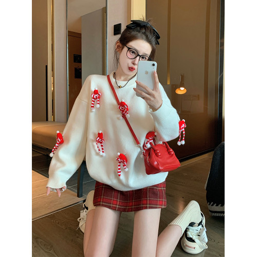 白色套頭毛衣女2025新款秋冬季慵嬾高級感加厚打底立體聖誕針織衫