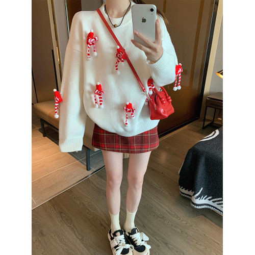 白色套頭毛衣女2025新款秋冬季慵嬾高級感加厚打底立體聖誕針織衫