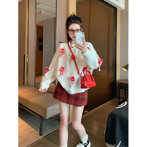 白色套頭毛衣女2025新款秋冬季慵嬾高級感加厚打底立體聖誕針織衫