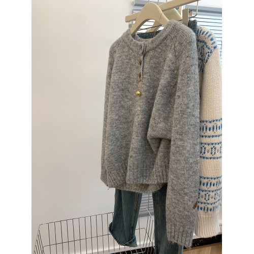 灰色復古寬鬆圓領毛衣女小個子加厚內搭秋冬可外穿打底高級感上衣