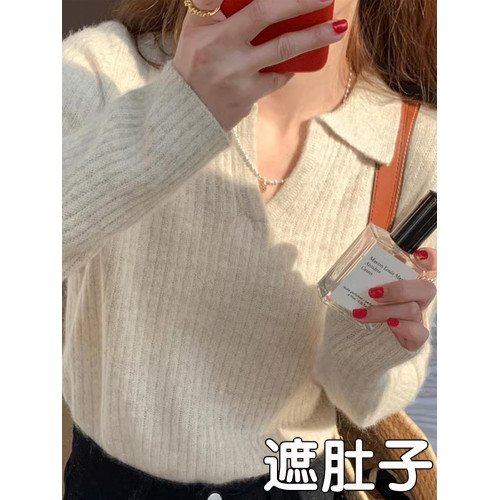 大碼polo領針織衫女秋冬復古軟糯毛衣內搭別致翻領打底衫上衣胖mm