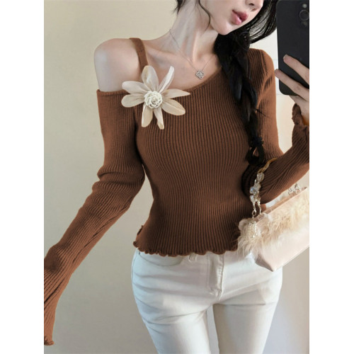 不規則斜領立體花朵針織衫吊帶露肩辣妹木耳邊毛衣女裝百搭毛衣 不規則斜領立體花朵針織衫吊帶露肩辣妹木耳邊毛衣女裝百搭毛衣