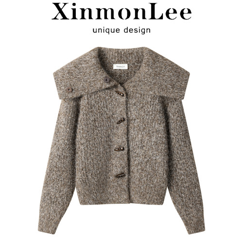 XinmonLee韓版氣質海軍領牛角釦毛衣休閒慵嬾風秋冬氣質針織開衫