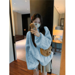 大碼胖MM藍色毛衣女秋冬季加厚今年流行漂亮慵嬾風別致絕美針織衫