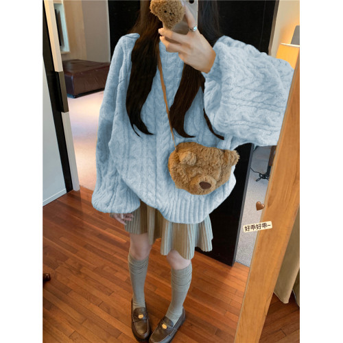 大碼胖MM藍色毛衣女秋冬季加厚今年流行漂亮慵嬾風別致絕美針織衫