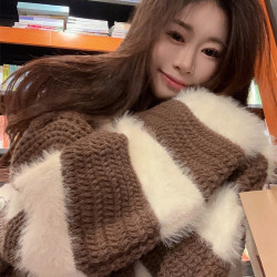 條紋短款馬海毛毛衣女秋冬慵嬾風新款寬鬆外穿高腰軟糯針織上衣潮