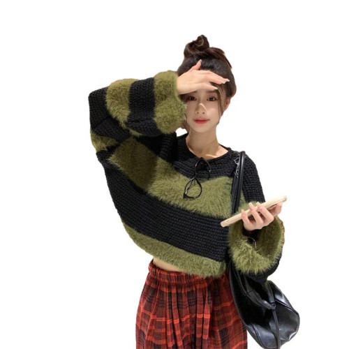 條紋短款馬海毛毛衣女秋冬慵嬾風新款寬鬆外穿高腰軟糯針織上衣潮