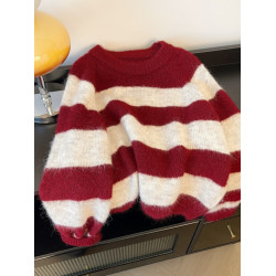 超好看紅白條紋正肩毛衣女2025秋裝新款大碼胖mm馬海毛針織衫上衣