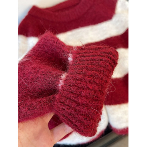 超好看紅白條紋正肩毛衣女2025秋裝新款大碼胖mm馬海毛針織衫上衣