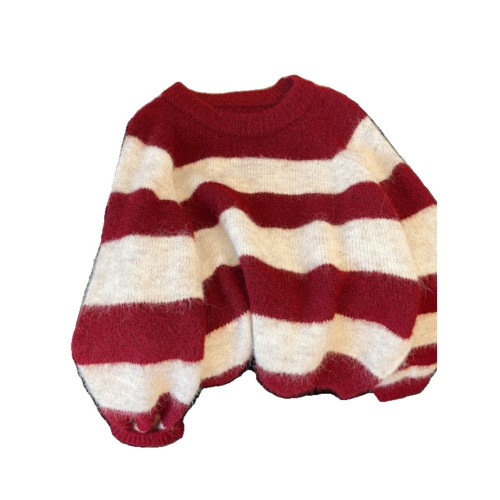 超好看紅白條紋正肩毛衣女2025秋裝新款大碼胖mm馬海毛針織衫上衣