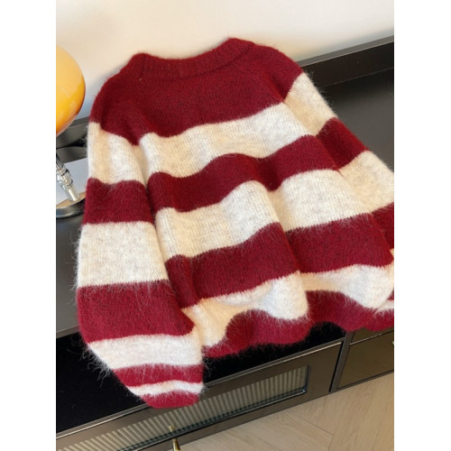 超好看紅白條紋正肩毛衣女2025秋裝新款大碼胖mm馬海毛針織衫上衣