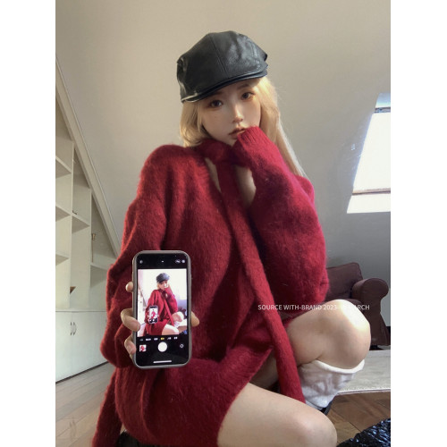 氛圍感紅色v領毛衣女秋冬季慵嬾風中長款針織衫新年戰袍聖誕穿搭