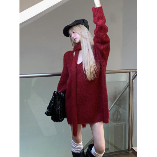 氛圍感紅色v領毛衣女秋冬季慵嬾風中長款針織衫新年戰袍聖誕穿搭