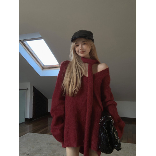 氛圍感紅色v領毛衣女秋冬季慵嬾風中長款針織衫新年戰袍聖誕穿搭