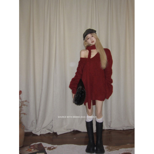 氛圍感紅色v領毛衣女秋冬季慵嬾風中長款針織衫新年戰袍聖誕穿搭