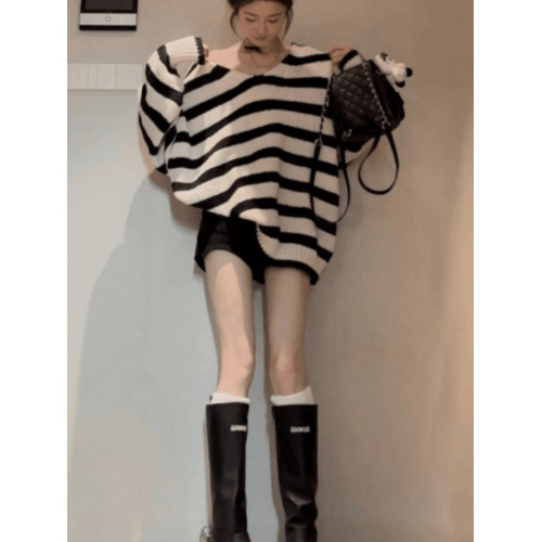 設計感小衆v領針織毛衣女款秋季新款寬鬆顯瘦慵嬾風休閒條紋上衣