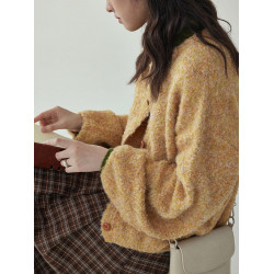 「北島AMUU」黃色短款花雜圈圈針織開衫女秋冬羊毛毛衣外套上衣