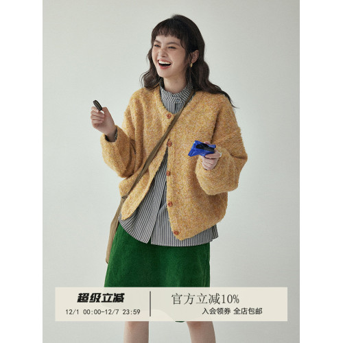 「北島AMUU」黃色短款花雜圈圈針織開衫女秋冬羊毛毛衣外套上衣 「北島AMUU」黃色短款花雜圈圈針織開衫女秋冬羊毛毛衣外套上衣