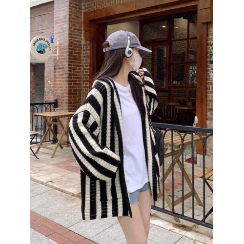 2025秋裝黑白竪條紋連帽外套寬鬆慵嬾中長款針織開衫女休閒大毛衣