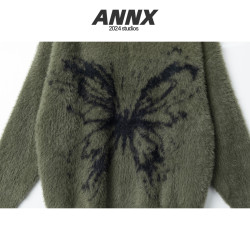 ANNX2026復古毛邊設計感蝴蝶針織衫慵嬾風海馬毛圓領套頭毛衣辣妹