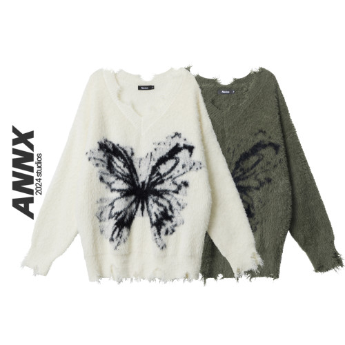 ANNX2026復古毛邊設計感蝴蝶針織衫慵嬾風海馬毛圓領套頭毛衣辣妹 ANNX2026復古毛邊設計感蝴蝶針織衫慵嬾風海馬毛圓領套頭毛衣辣妹