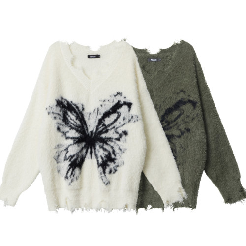 ANNX2026復古毛邊設計感蝴蝶針織衫慵嬾風海馬毛圓領套頭毛衣辣妹 ANNX2026復古毛邊設計感蝴蝶針織衫慵嬾風海馬毛圓領套頭毛衣辣妹