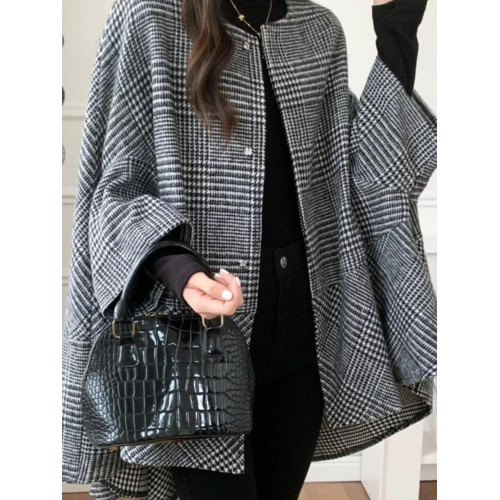 韓版通勤時尚圓領格子單排釦寬松中長款蝙蝠袖開衫呢子外套鬭篷女