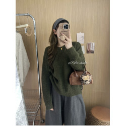 韓系簡約溫柔慵嬾風綠色圓領毛衣女寬鬆百搭針織上衣秋冬內搭