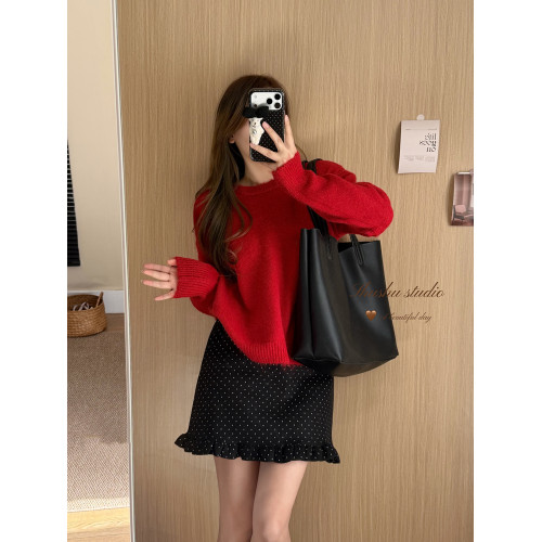 韓系簡約溫柔慵嬾風綠色圓領毛衣女寬鬆百搭針織上衣秋冬內搭