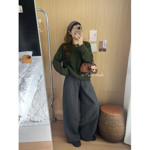 韓系簡約溫柔慵嬾風綠色圓領毛衣女寬鬆百搭針織上衣秋冬內搭