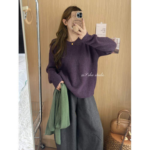 韓系簡約溫柔慵嬾風綠色圓領毛衣女寬鬆百搭針織上衣秋冬內搭